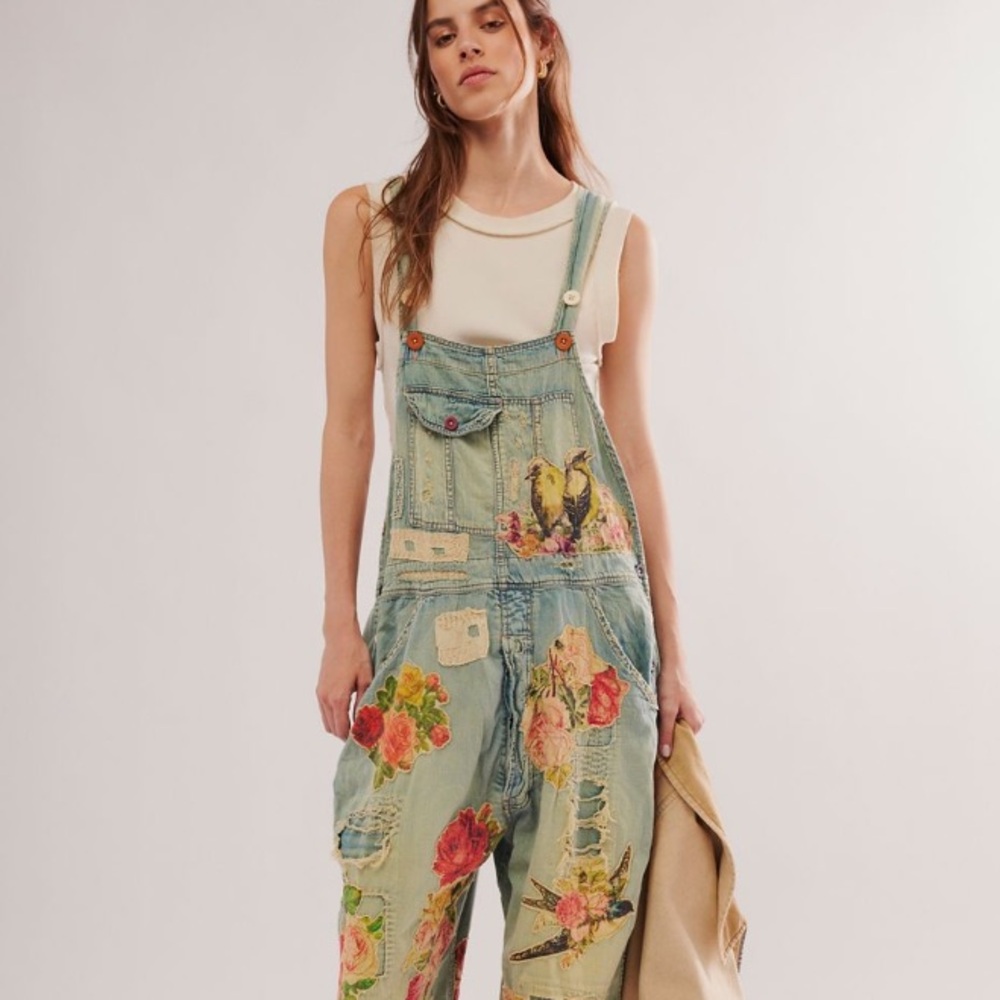 Magnolia Pearl/Free People Floral Appliqué Denim Overalls - Vintage - OS - NWT